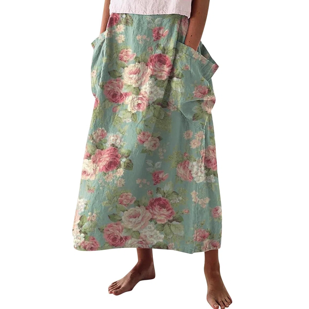 Jupe imprimée en lin pour femme - Robe décontractée tendance - Jupe à taille élastique avec poche - Motif floral - Jupe de maternité grande taille pour femmes et filles - À porter à la maison ou