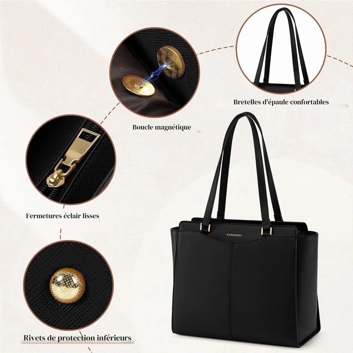 RAINSMORE Sac à Main Femme Grand Sac Cabas Imperméable Sacs Ordinateur Portable 14 Pouces Sacs Fourre-Tout Cuir PU Avec Fermeture Éclair Poche Intérieure Cours Voyage Affaires École