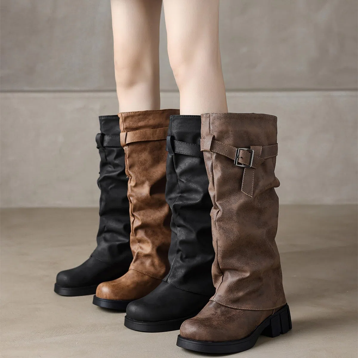 Bottes western pour femme - Bout rond - Bottes hautes pour femme - Bottes de cowboy avec boucle - Bottes longues en daim - Bottes à enfiler - Bottes gothiques punk à plateau