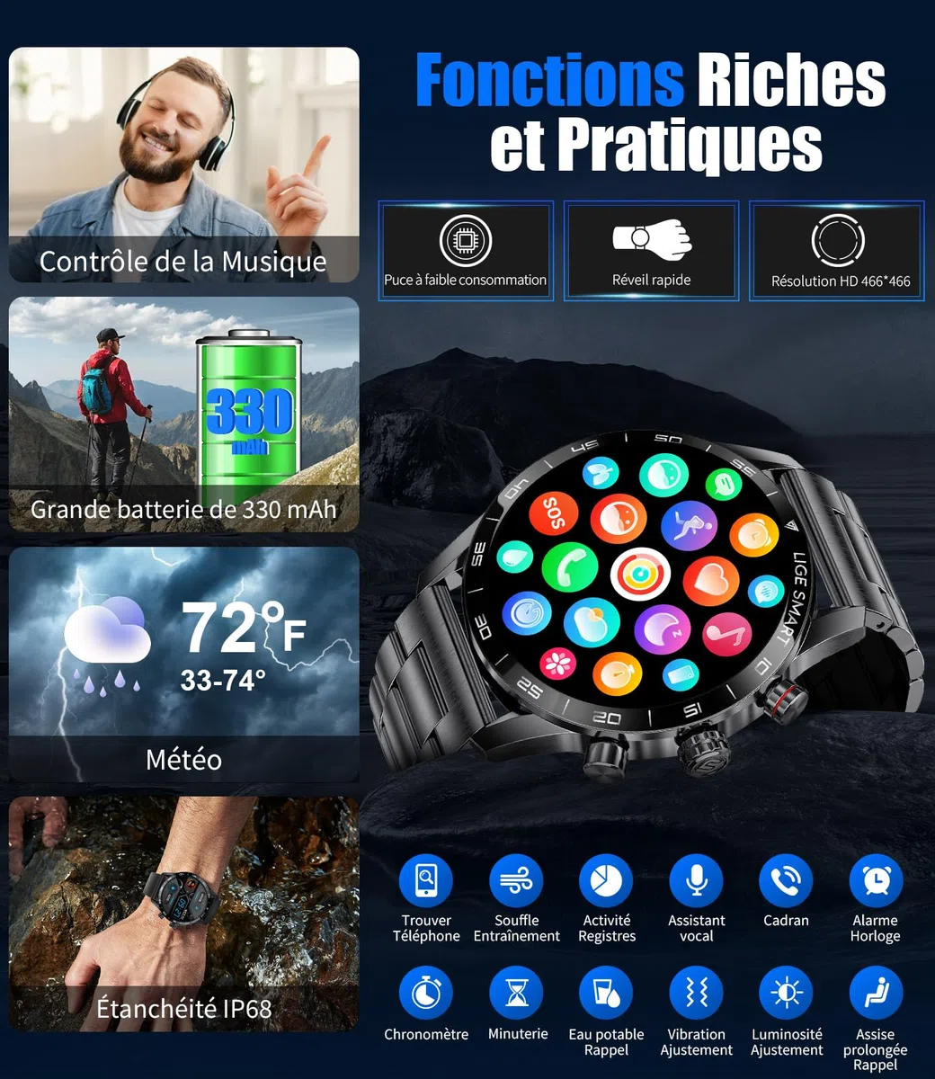 LIGE Montre Connectée Homme 1,43'' AMOLED, Appel Bluetooth, Assistant Vocal, 2 Bracelets, Autonomie 15 Jours, 124 Modes Sportifs Smartwatch iOS Android