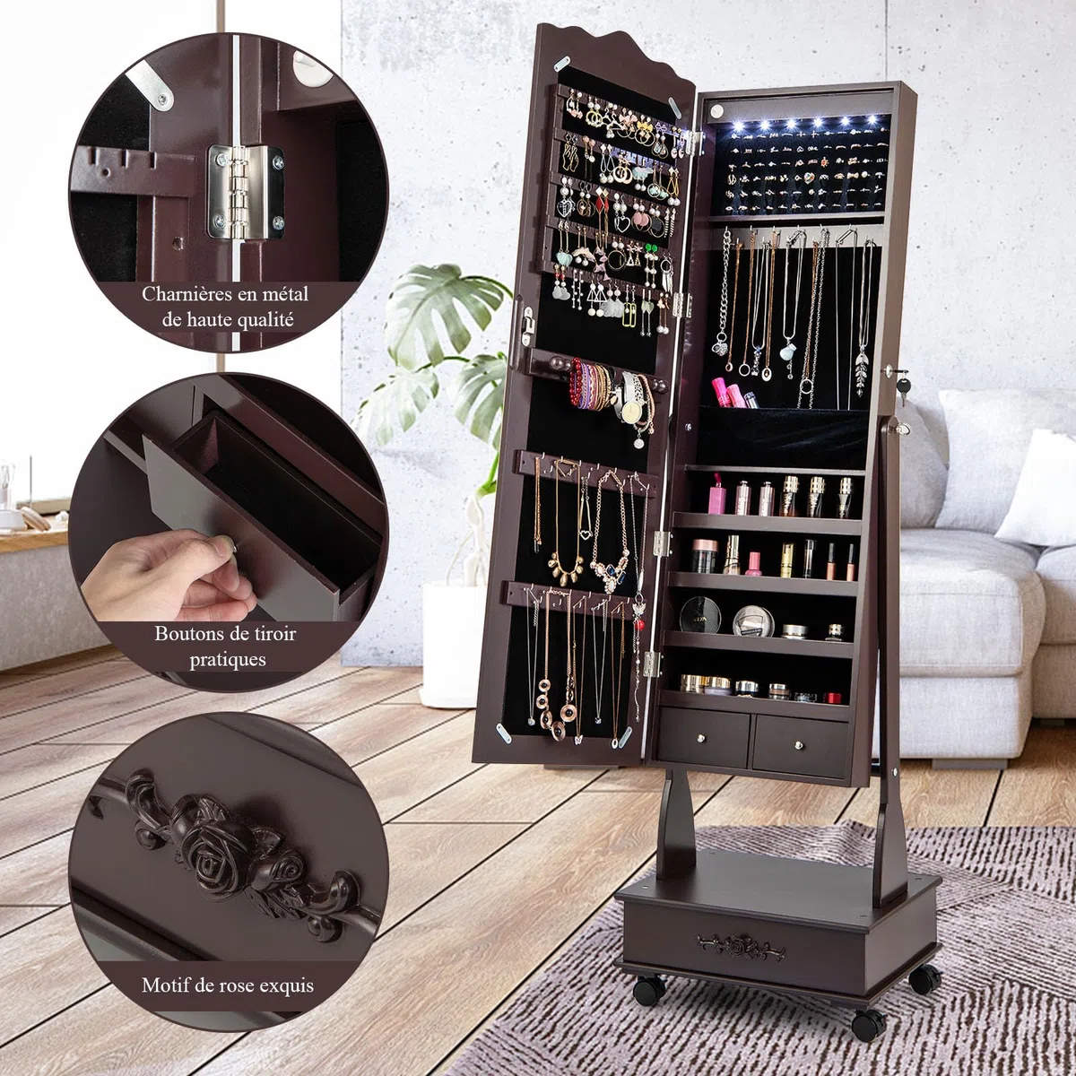 GOPLUS Armoire à Bijoux à Roulettes, Armoire a Bijoux avec Miroir sur Pied avec Lumières LED, 3 Angles Réglables, Organisateur de Bijoux Verrouillable avec Grand Espace de Rangement (Marron)