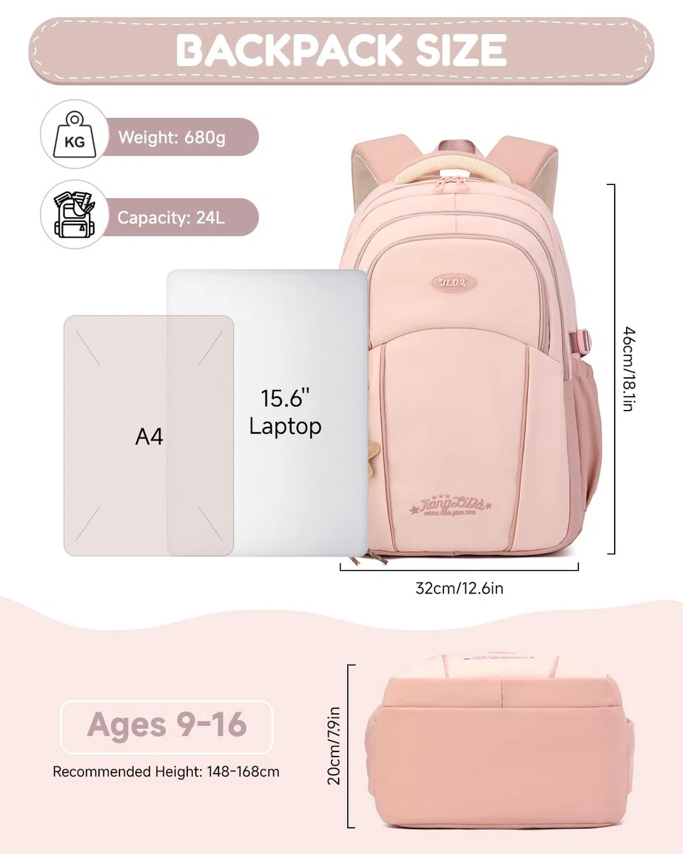Sac à Dos Fille Adolescent - Cartable Scolaire Imperméable avec Porte-clés étoile - Sac a Dos pour École Primaire College Lycée à la Mode pour PC 15.6", Rose