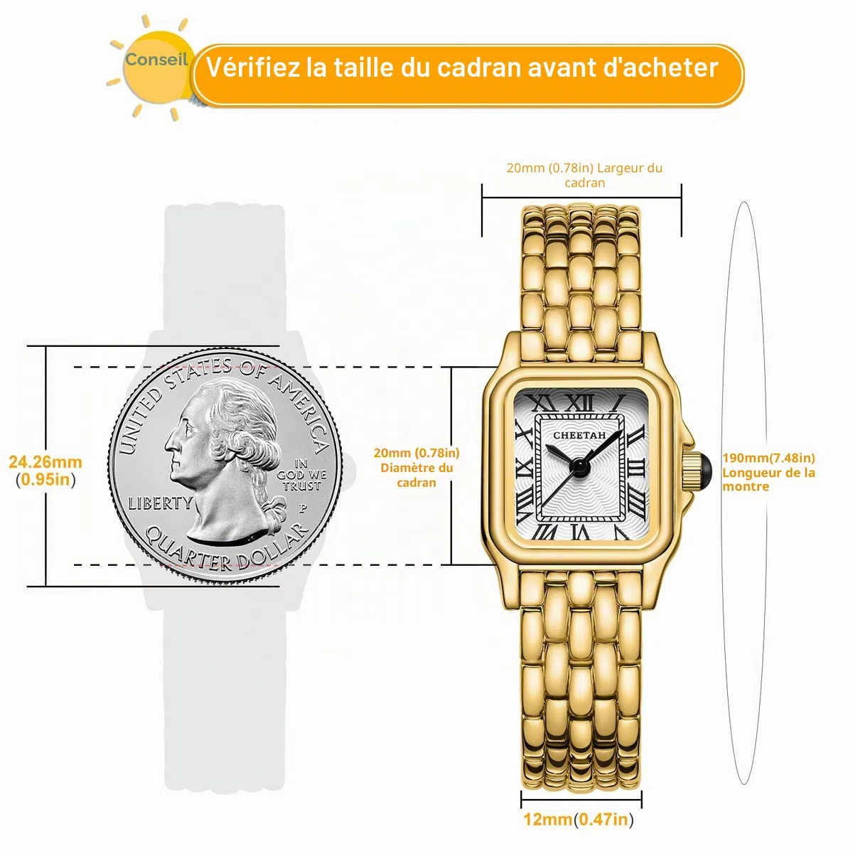 CHEETAH Montres pour Femmes à Quartz Analogique avec Bracelet Vintage, Boîtier Rectangulaire, Cadran Romain, Montre-Bracelet Numérique étanche Acier Inoxydable Petit Cadran pour Femmes et Filles