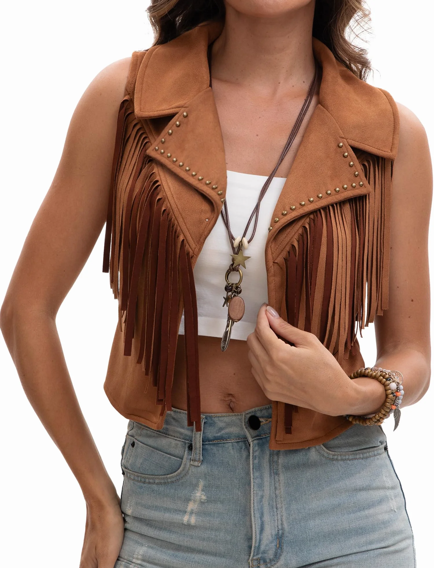 Gilet femme Gilet Hippie en Daim Synthétique Veste Vintage Sans Manches Vestes Courtes Élégantes à Franges Cardigan Cowgirl Western