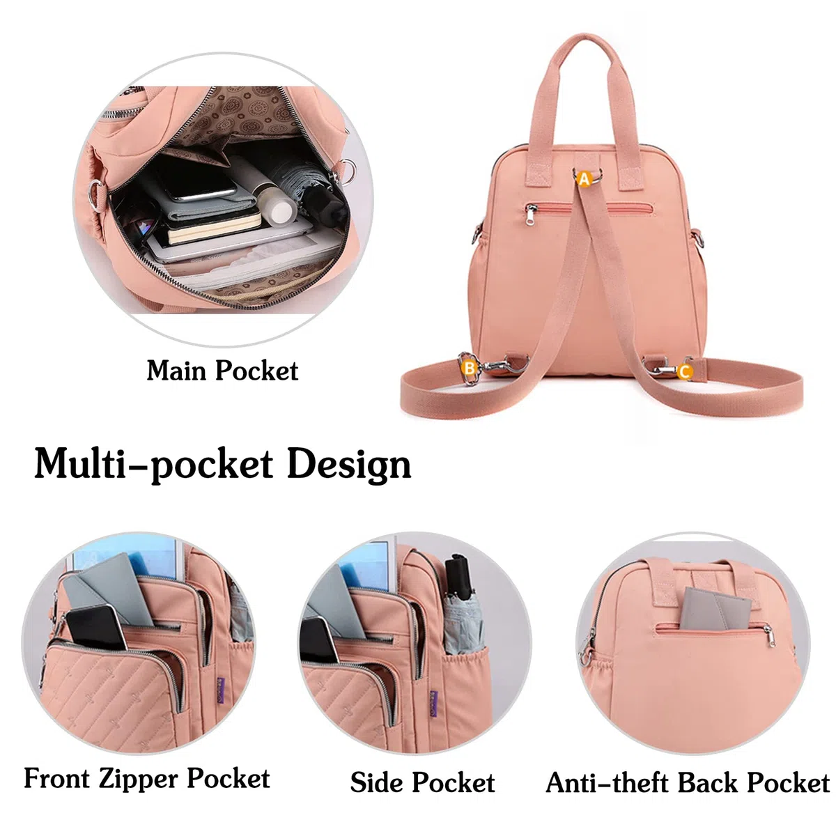 Sac à Dos Mode Sac D'épaule Femme Sac à Main avec Port de Chargement USB Nylon Sac Bandoulière Daypack pour Travail Voyage école Usage Quotidien