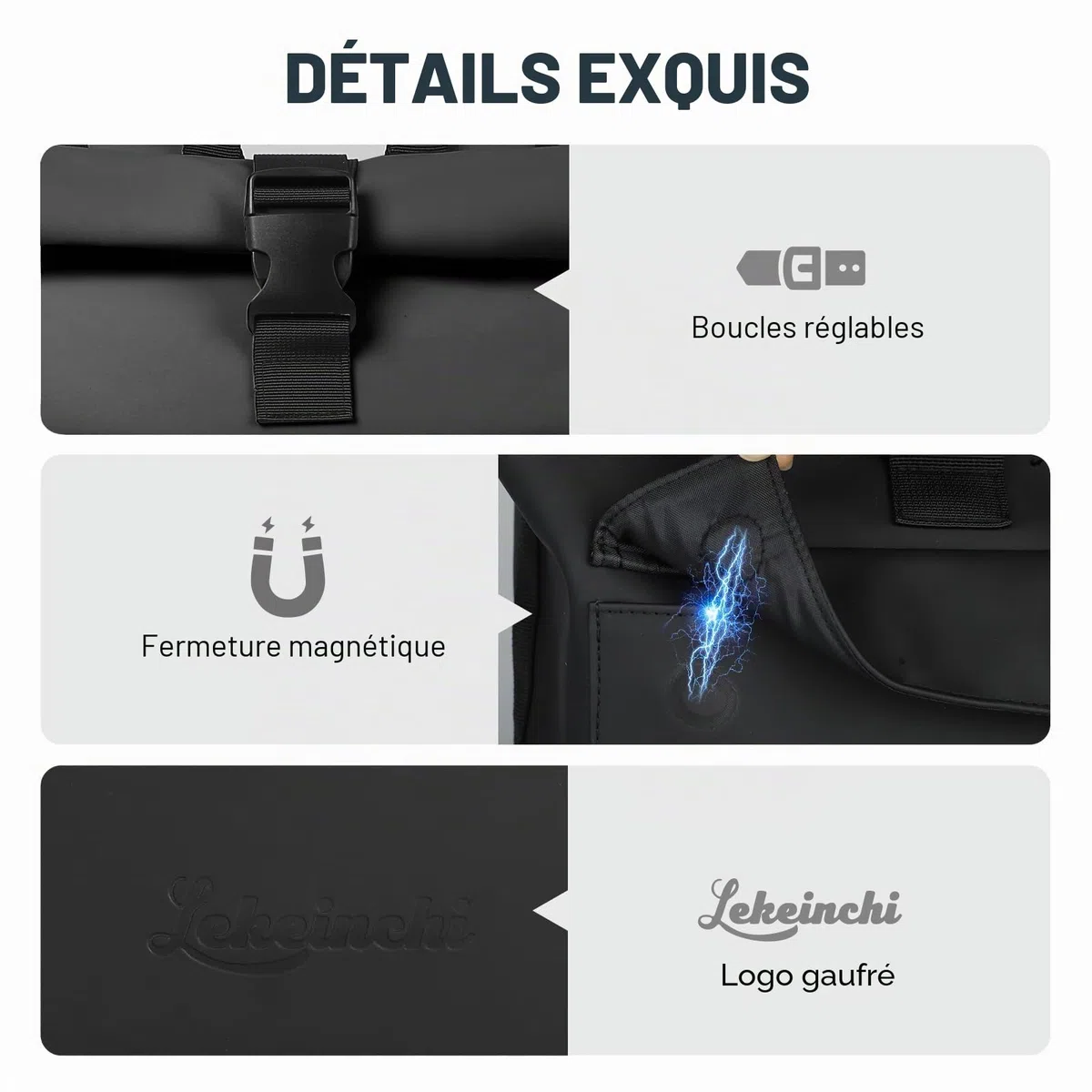 Lekeinchi Rolltop Sac à dos élégant pour ordinateur portable de 17 ", étanche, grand sac à dos de voyage, sac à dos d'école, pour les voyages, l'université, le travail