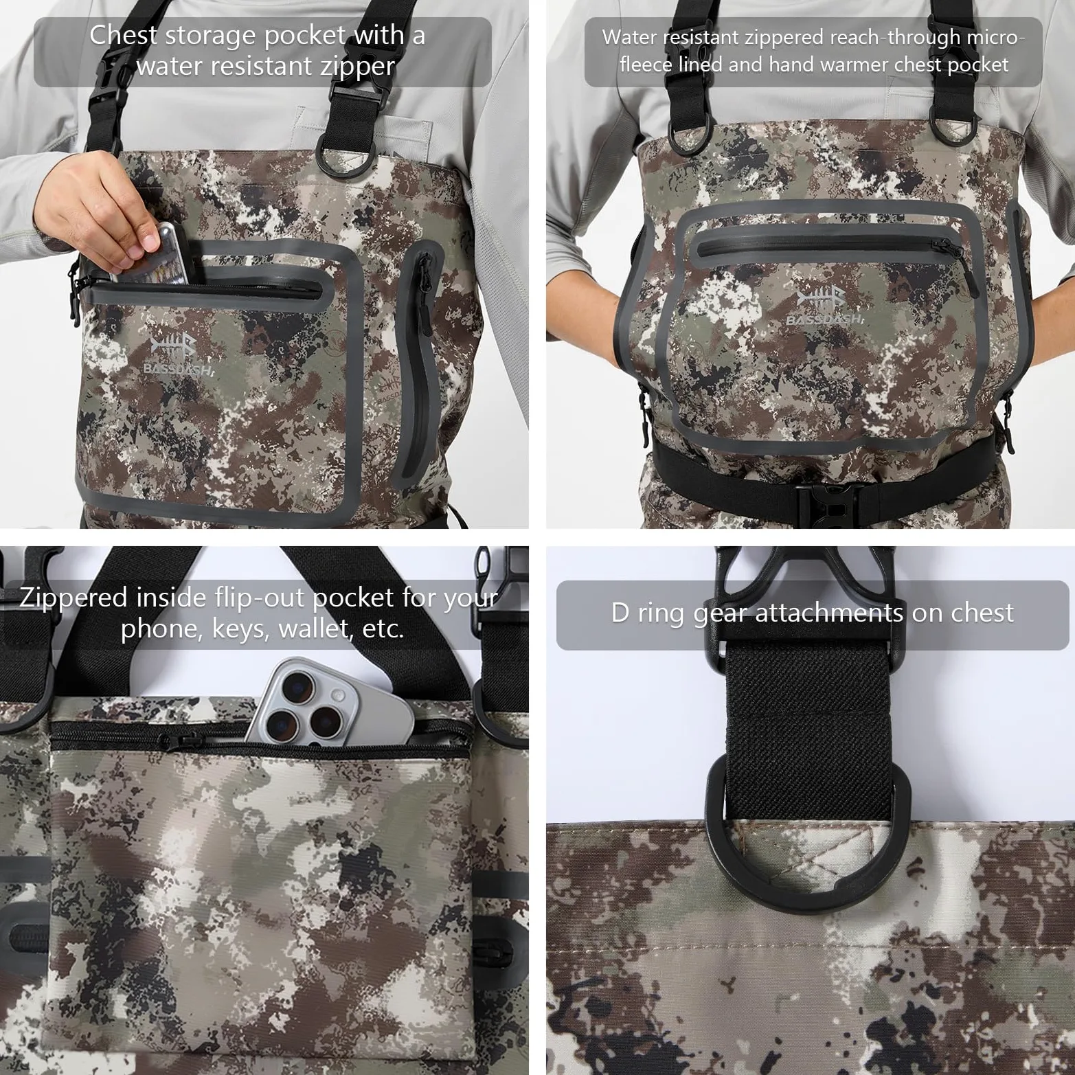 Bassdash Wader à poitrine Léger Respirant Camouflage Noir Semelle de Chaussette Pêche à la Mouche Chasse FW11