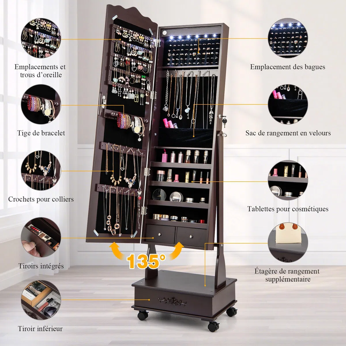 GOPLUS Armoire à Bijoux à Roulettes, Armoire a Bijoux avec Miroir sur Pied avec Lumières LED, 3 Angles Réglables, Organisateur de Bijoux Verrouillable avec Grand Espace de Rangement (Marron)
