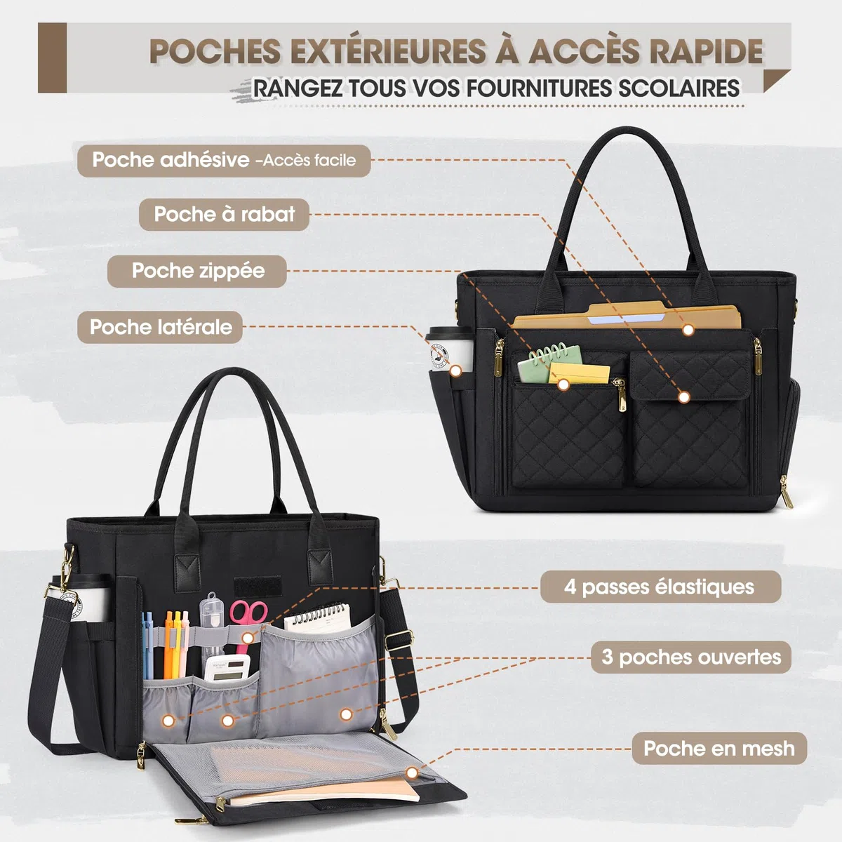 RAINSMORE Sac Enseignant Sac Ordinateur Femme 15,6 Pouces avec Compartiment Isotherme Grand Sacoche Cabas de Travail pour Infirmière Bureau Université Noir