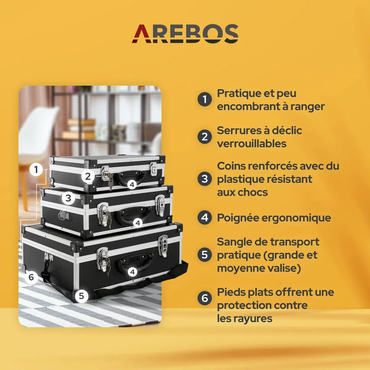 Arebos Lot de 3 valises de rigides | 50L volume total | verrouillable | boîte à outils | rangement | voyage | poignée télescopique