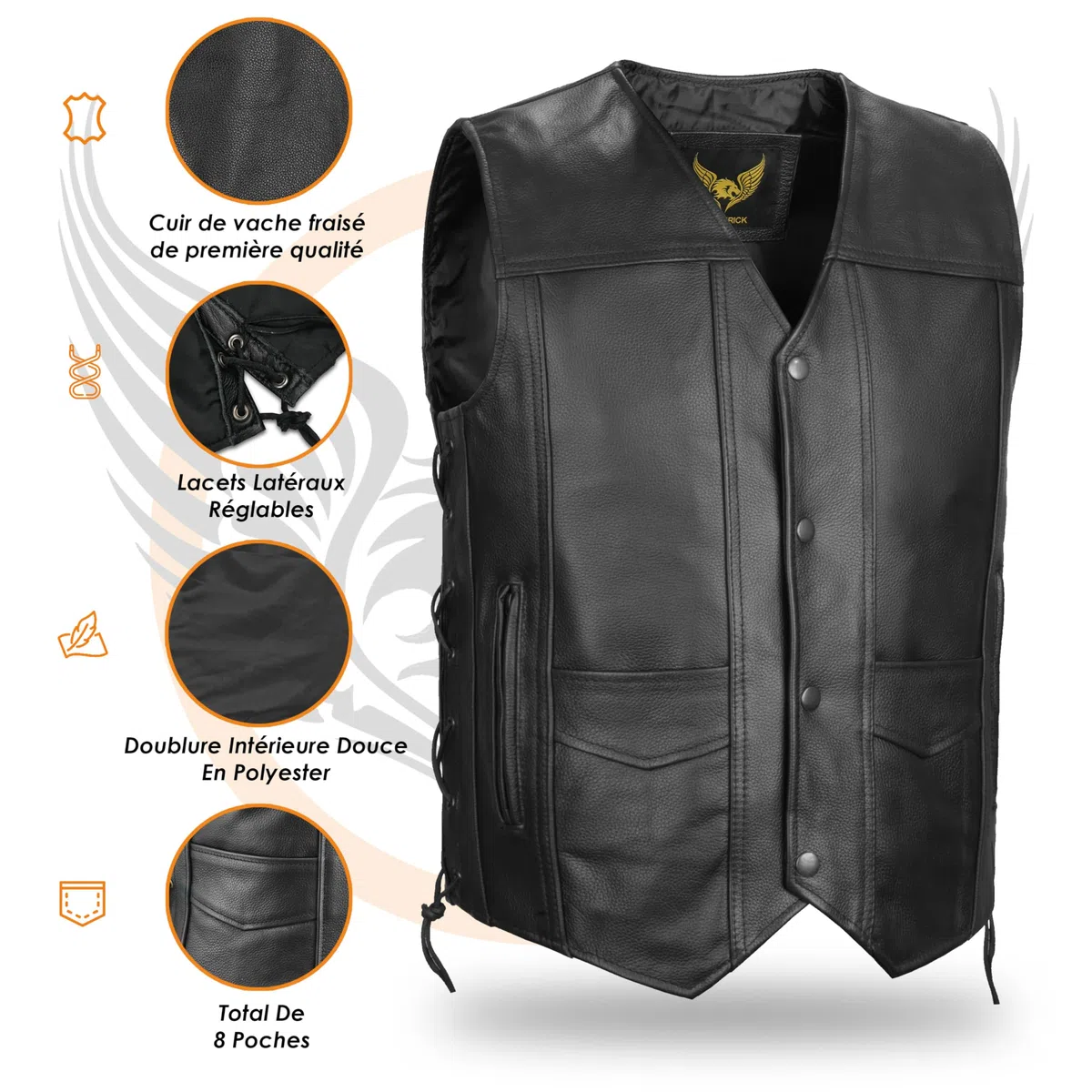 Leatherick Top-Grain Cuir De Vachette Gilet Cuir Biker en Véritable Pour Hommes Gilet Classique Noir Avec Lacets Latéraux et Poches De Transport Dissimulées