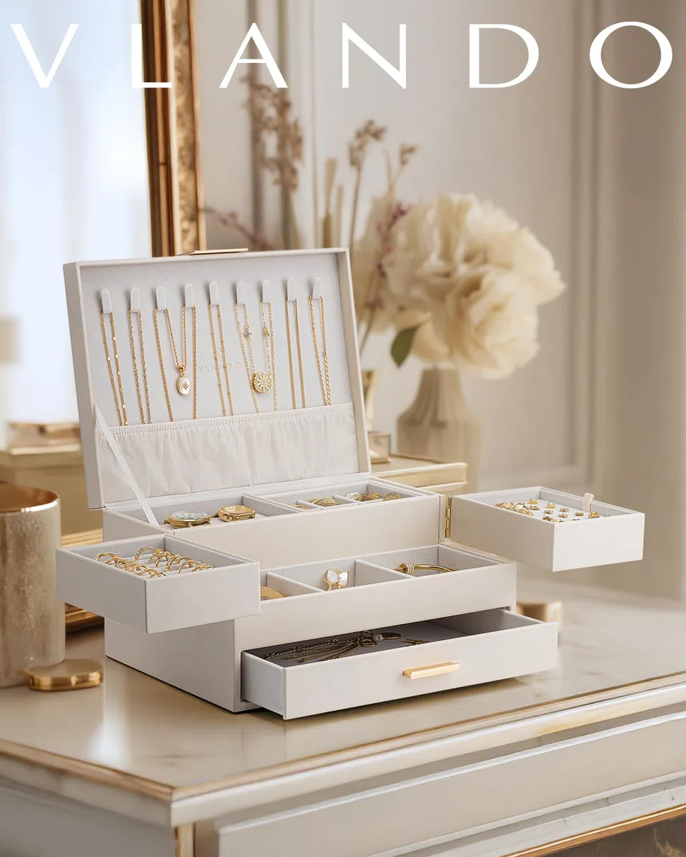 VLANDO Boîte à bijoux grande pour femmes - Organisateur de bijoux avec plateau coulissant - Boîte à bijoux avec tiroir pour colliers, bagues, bracelets, boucles d'oreilles - Pour mères et filles
