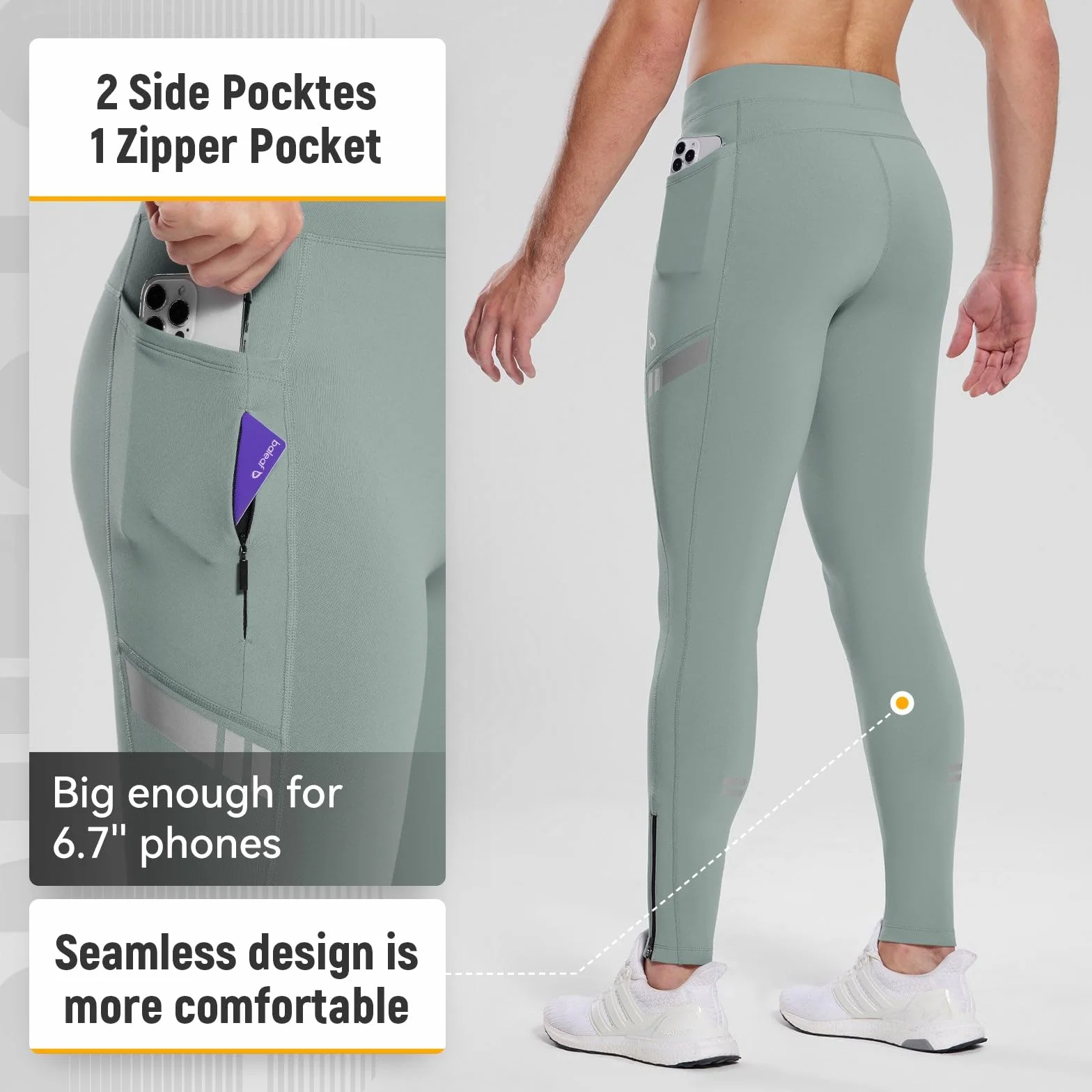 BALEAF Pantalon thermique doublé en polaire pour homme - Pantalon de course imperméable avec poches - Collants de randonnée par temps froid