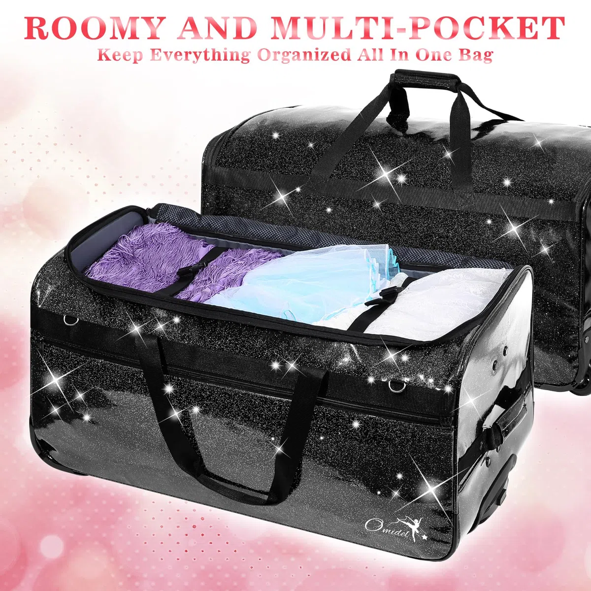 Sac de danse avec porte-vêtements - Grand sac à vêtements de danse avec roulettes pour danseuses / filles / femmes - Sac de voyage pliable - Indispensable pour les compétitions de danse, Noir - 71 cm