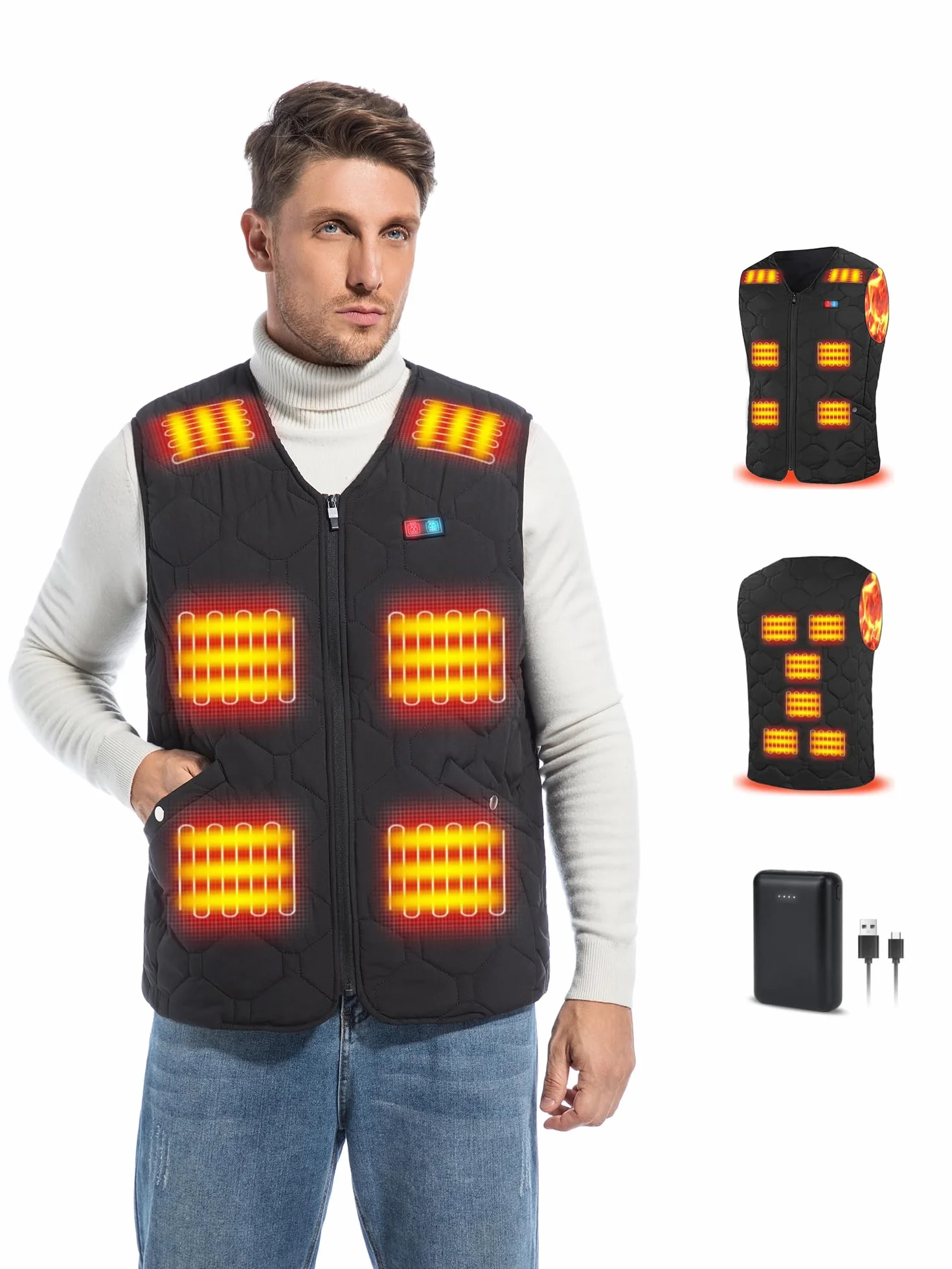 Rrtizan Gilet chauffant pour homme et femme avec batterie externe, gilet chauffant avec 3 niveaux de température et 15 feuilles de chaleur, veste chauffante électrique sans manches, lavable pour