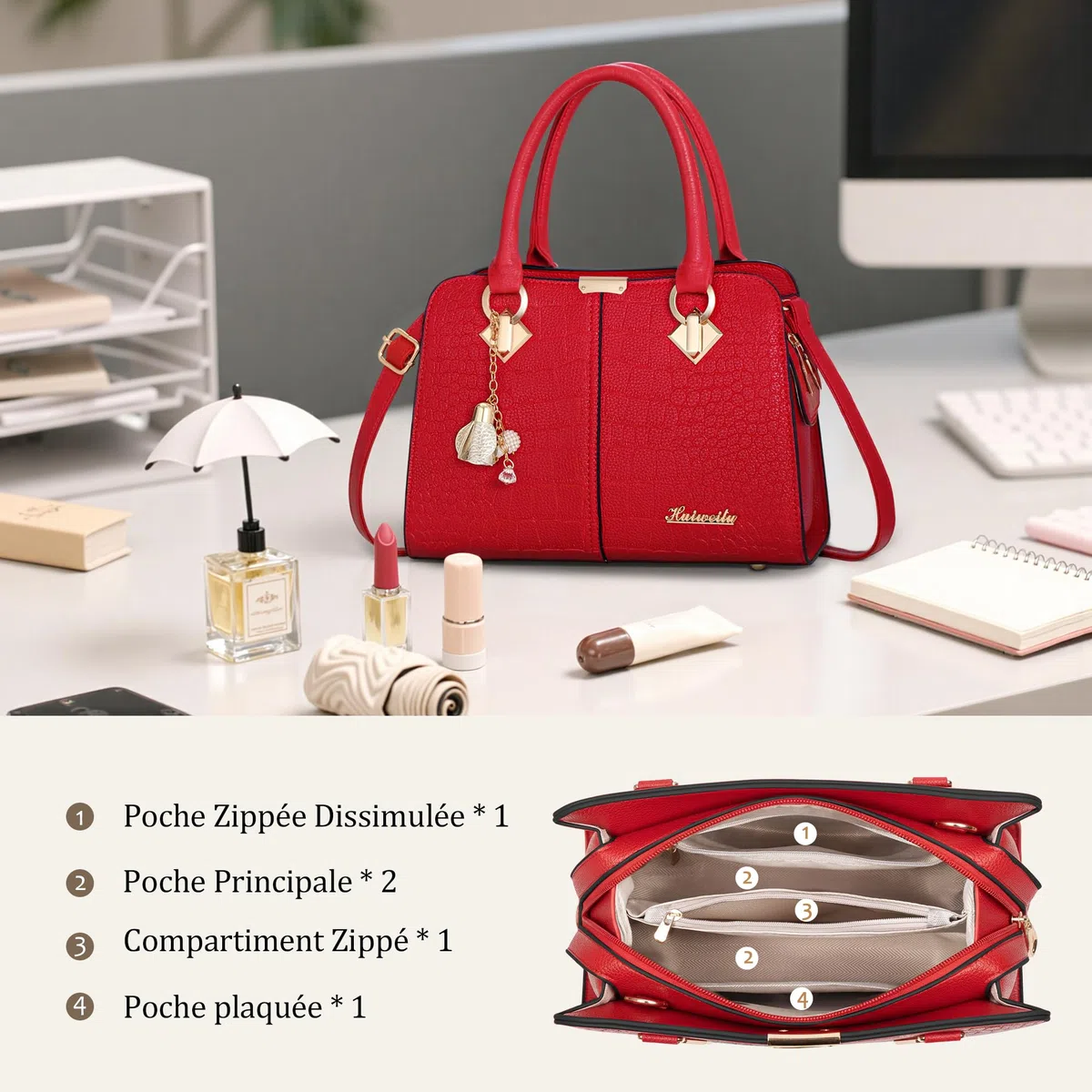 Femme Sac à Main Elégant Top Poignée Sacs à Bandoulière avec Exquis Pendentif PU Cuir Dames Sac Fourre Tout pour Travail Achats Rouge A