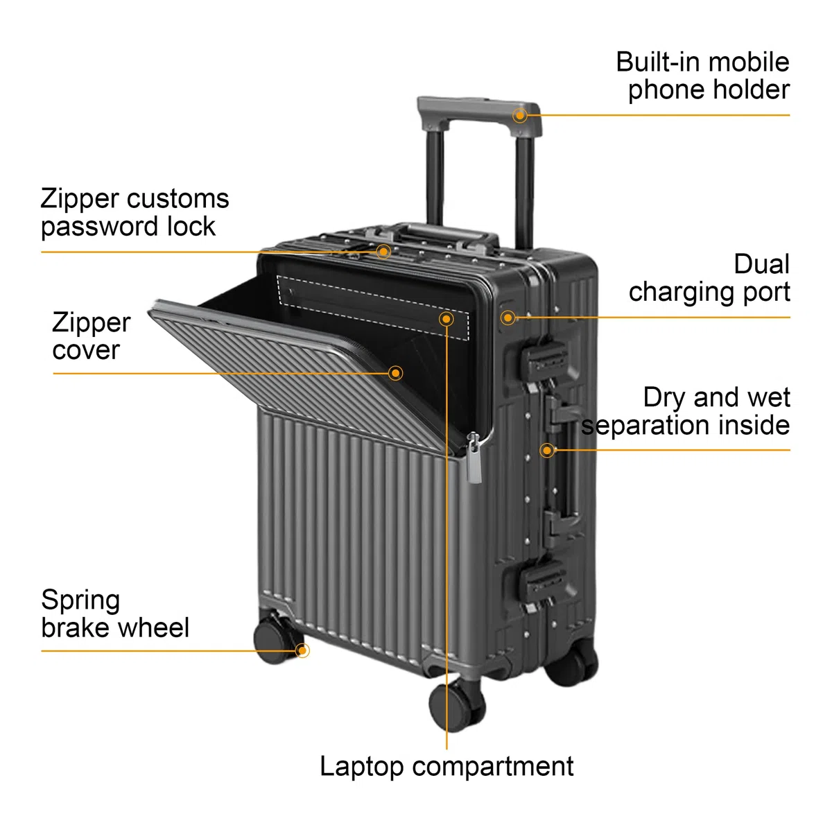 Valise Cabine de Voyage homologuée TSA, Coque Rigide en Polycarbonate, Cadre en Aluminium, résistante à la Pression, pour Bagages de 20'' 24'' 26'' (20‘’, Gris foncé)