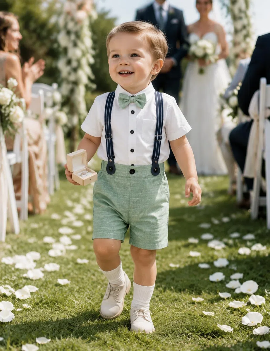 mintgreen Bébé Garçon Gentilhomme Tenu Ensemble Manche Courte Nœud Papillon Chemises Bretelles Un Pantalon Costume de Mariage, Taille: 1-4 Ans