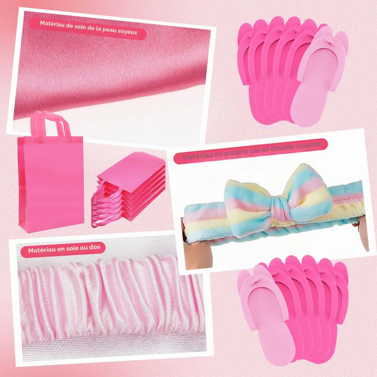 MSYU Lot de 30 fournitures de fête spa pour filles, 6 peignoirs en satin, 6 pantoufles pour enfants, soirée pyjama, fête d'anniversaire, spa – Étiquette de taille 8, rose rouge, rose