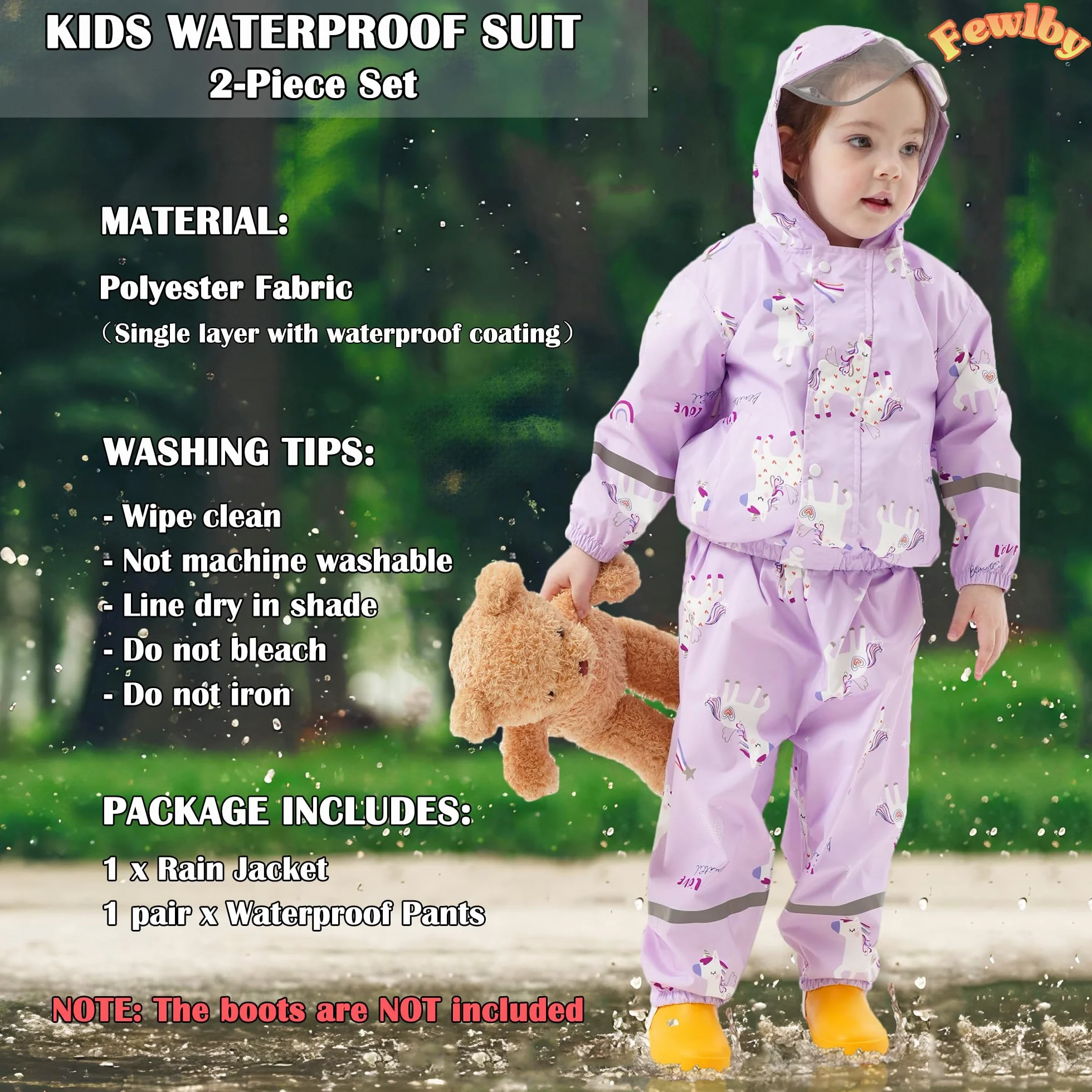 Combinaison Imperméables Enfant, Veste de Pluie + Pantalon Imperméable 2 pièces Ensembles, Filles Manteaux Imperméables Pantalon de Pluie Réutilisables Vêtements de Pluie