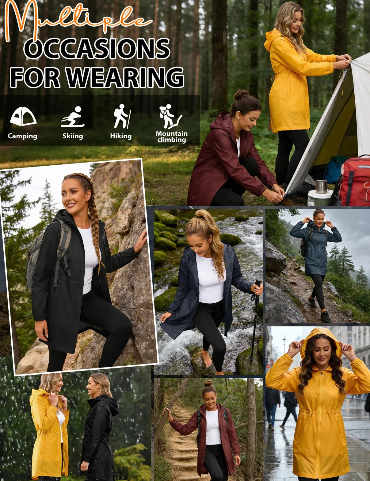 CMTOP Veste Imperméable Femme Vêtement de Pluie Légère et Pliable Poncho Pluie Coupe-vent à Capuche Manteaux Imperméables Fine Portable Trench-coat Décontracté Printemps Été