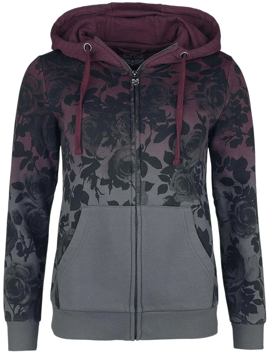 Rock Rebel by EMP Femme Veste de survêtement Gris Bordeaux avec imprimé Rose sur Tout Le Dessus et dégradé de Couleur Dip Dye