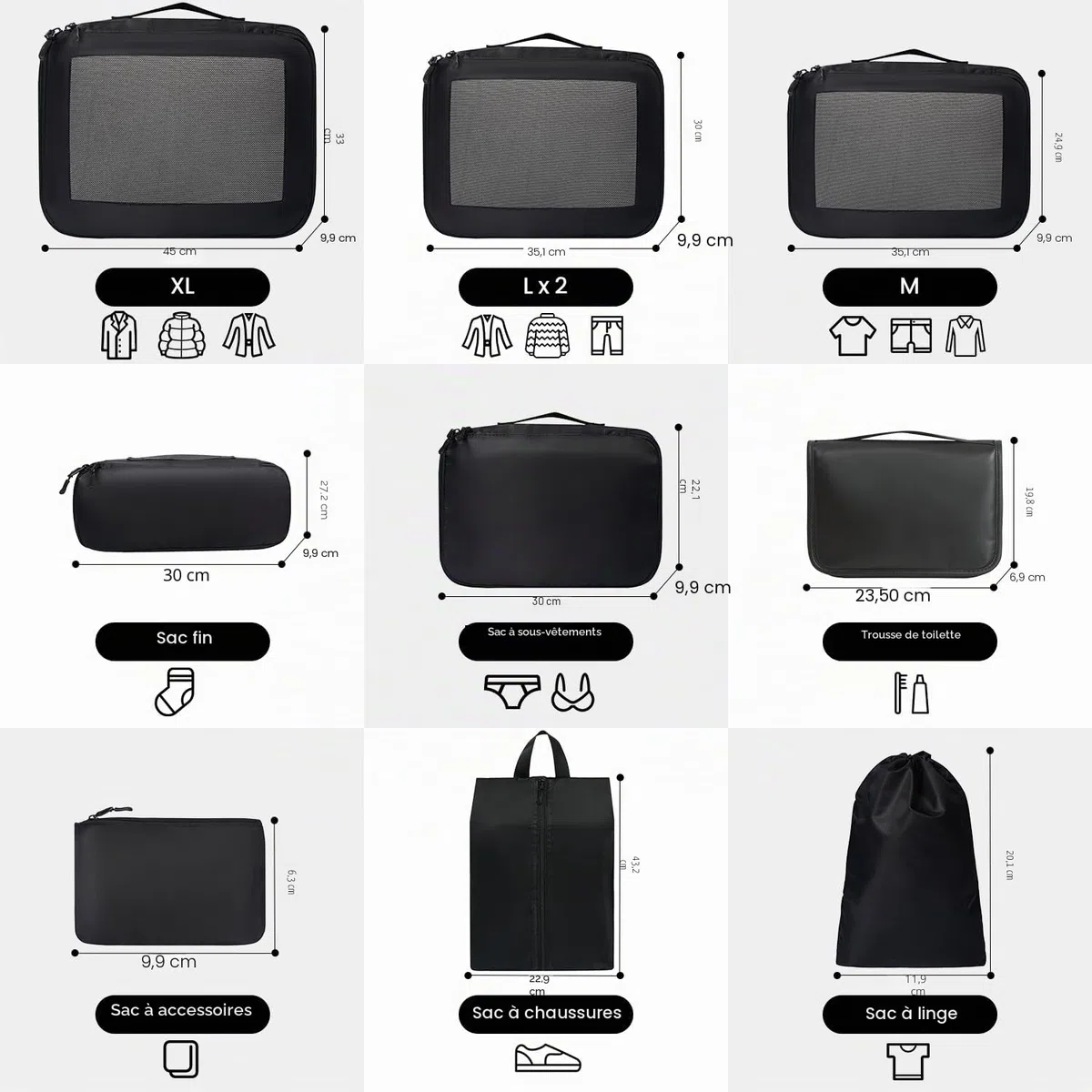 Cubes de rangement pour valise, lot de 10, organiseurs de bagages légers, cubes de rangement pour accessoires de voyage