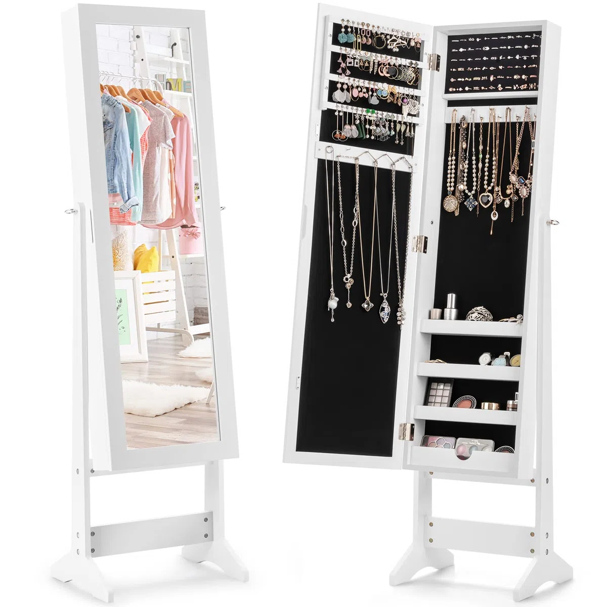 RELAX4LIFE Armoire à Bijoux sur Pieds avec Miroir Pleine Longueur HD 4 Angles Réglables, Armoire à Bijoux avec Grand Espace de Rangement pour Chambre, Vestiaire, Salle de Bain (Blanc)