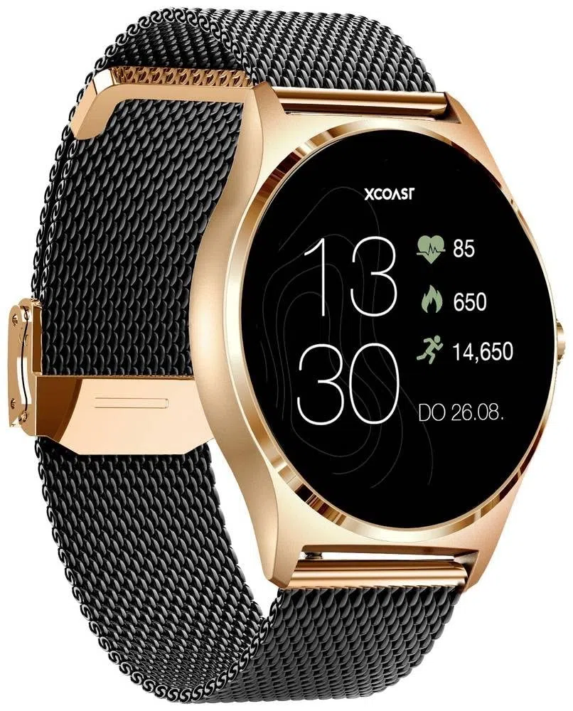 XCOAST Joli XC Pro Noir Smart Watch pour Femmes, écran AMOLED 1,3", iOS et Android, capteur de fréquence Cardiaque, 21 Modes Sport, oxygène du Sang, Pression artérielle, météo, Pile 9 Jours