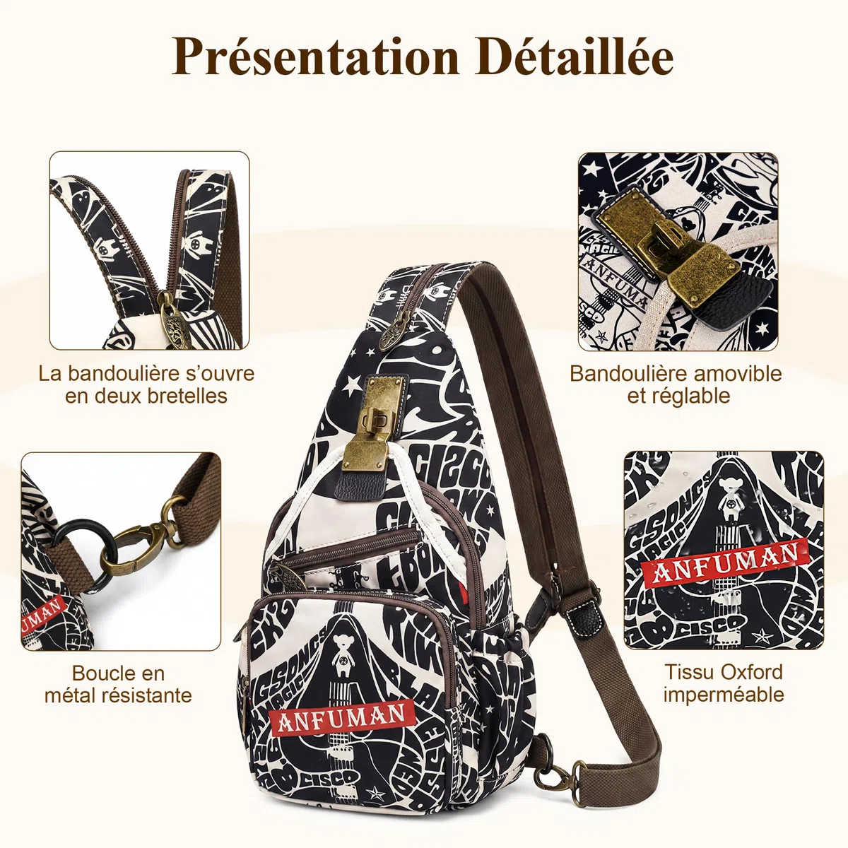 Mode Sac à Dos Femmes Décontracté Anti-vol Sac De Poitrine Rétro Messager Sacs À Bandoulière Voyage Travail Achats Fête Sling Sac D'épaule Nylon Sport Imprimé Sacs à Dos Noir B