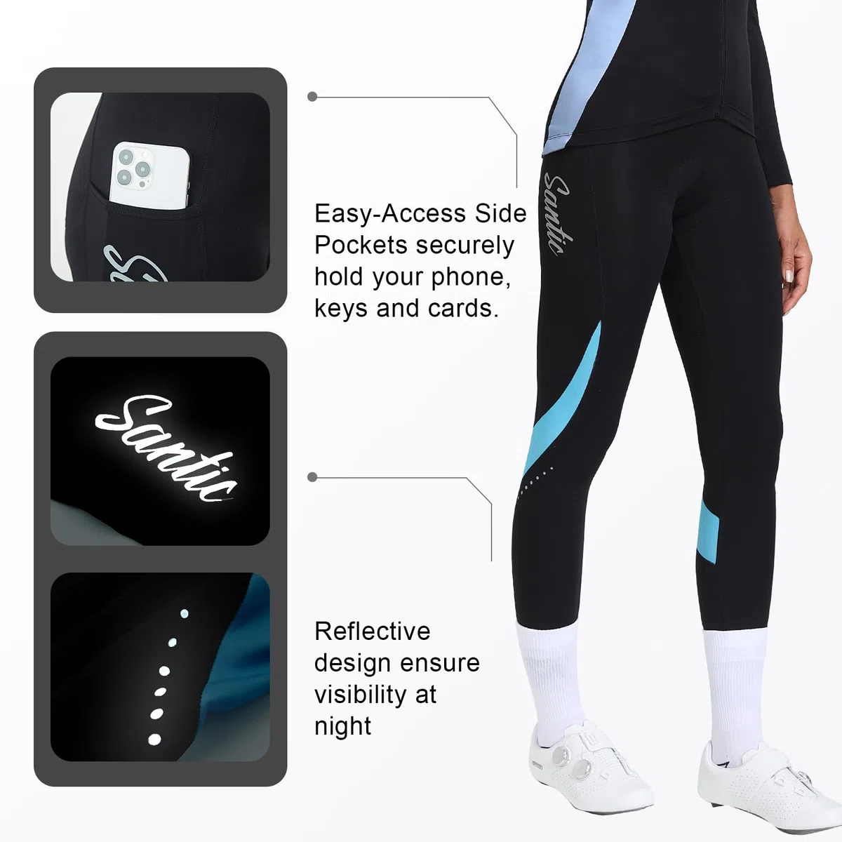 Santic Pantalon Cycliste Thermique d'hiver pour Femmes Pantalon Cycliste Pantalon Legging à Haute Densité Haute élasticité et Rembourrage en Mousse 4D Respirante