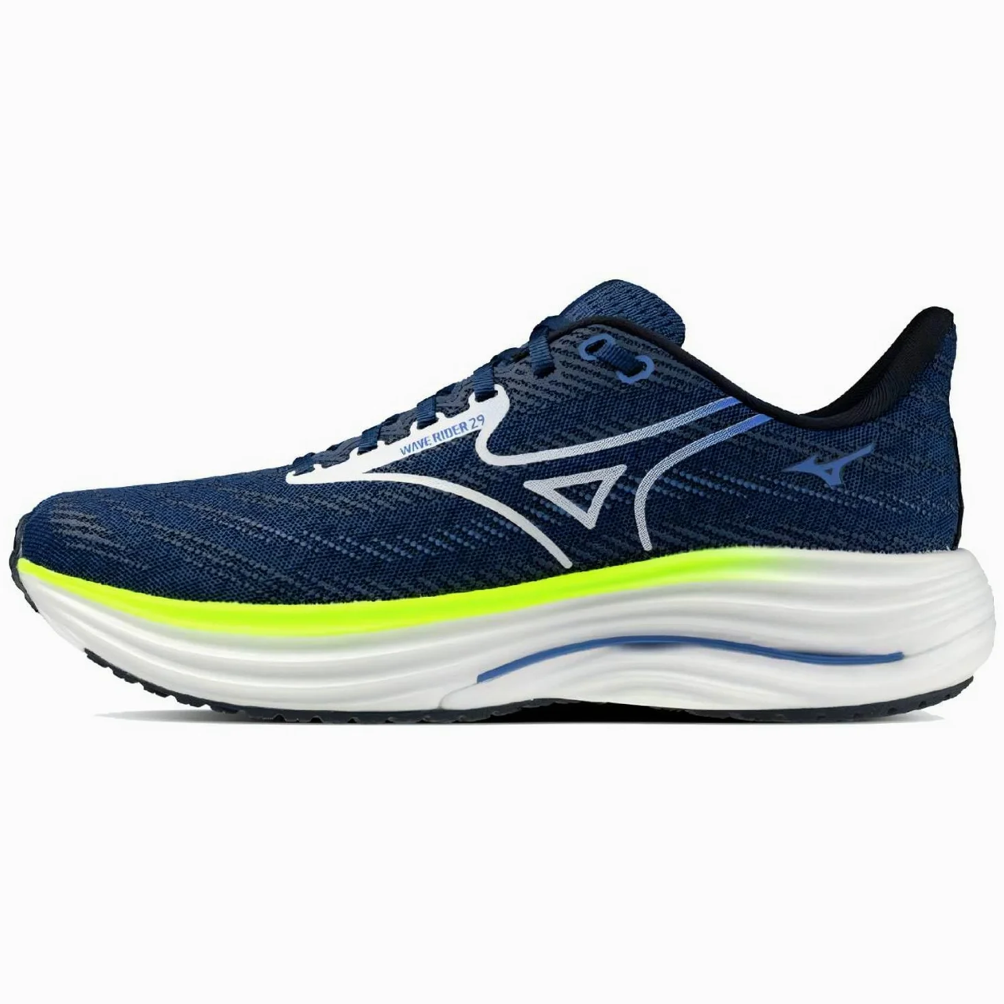 Mizuno Wave Rider 29 Chaussures de course pour homme Bleu/blanc/jaune éclair
