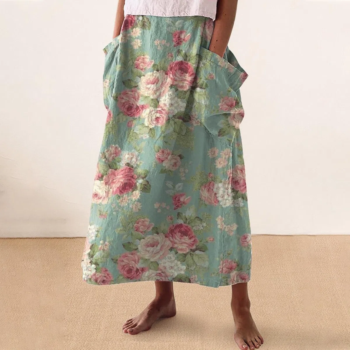 Jupe imprimée en lin pour femme - Robe décontractée tendance - Jupe à taille élastique avec poche - Motif floral - Jupe de maternité grande taille pour femmes et filles - À porter à la maison ou