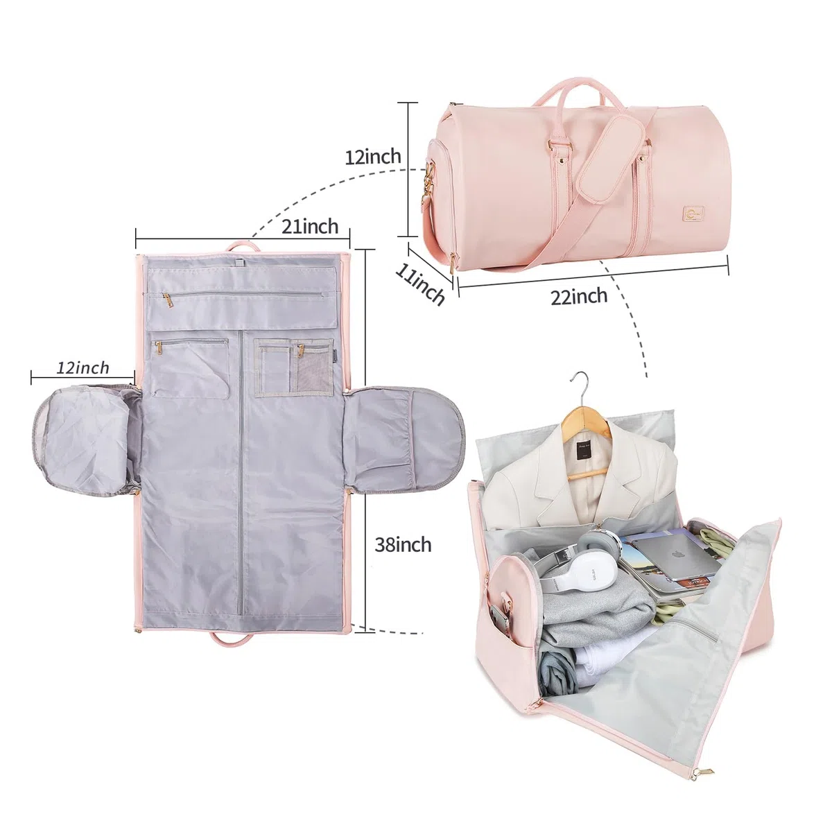 Sac à vêtements convertible en cuir pour femme, sac de voyage avec pochette à chaussures 2 en 1 à suspendre, Rose A1, Seyfocnia
