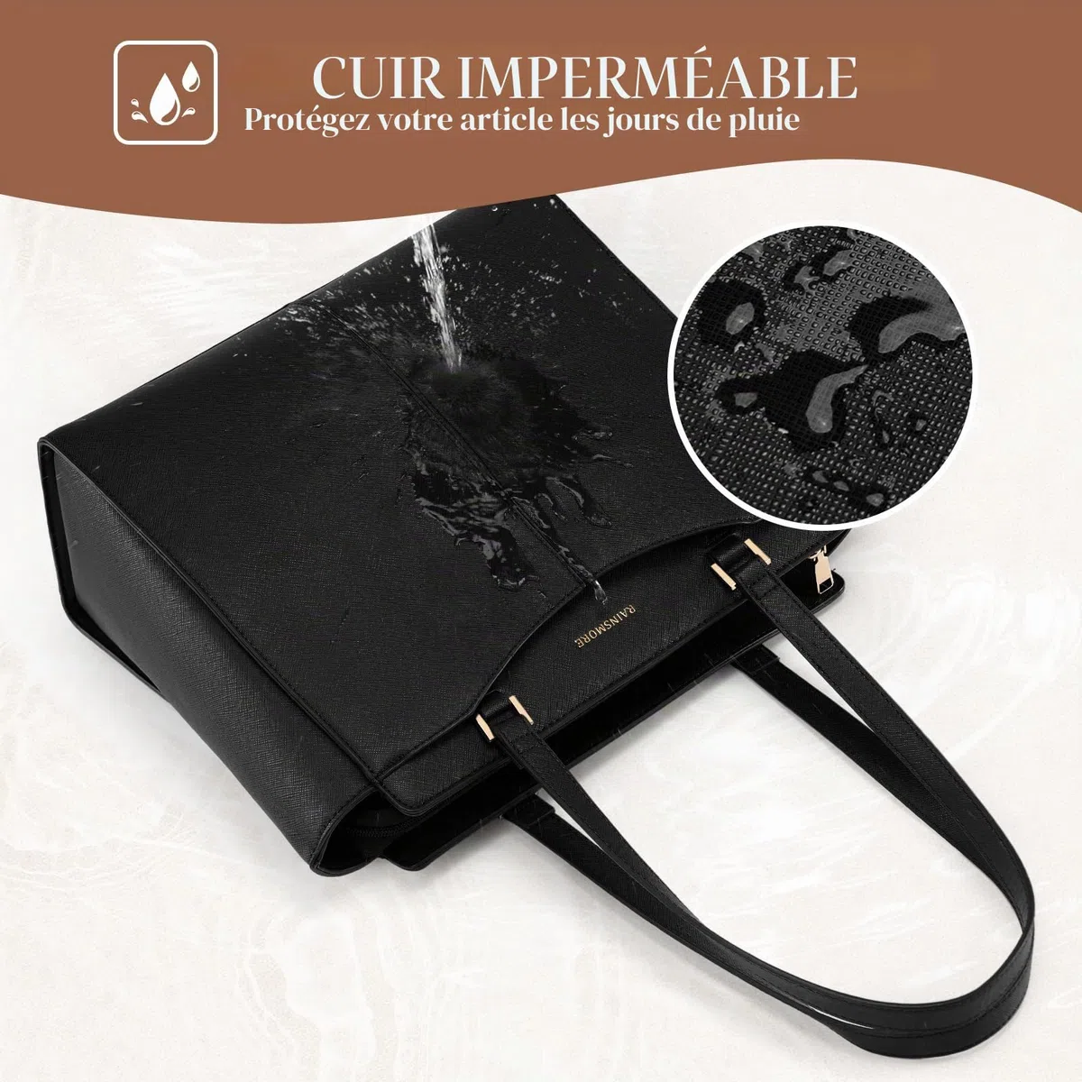 RAINSMORE Sac à Main Femme Grand Sac Cabas Imperméable Sacs Ordinateur Portable 14 Pouces Sacs Fourre-Tout Cuir PU Avec Fermeture Éclair Poche Intérieure Cours Voyage Affaires École