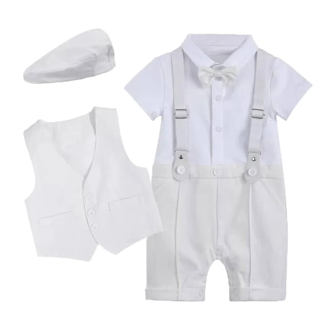 Bébé Garçons Gentlemen Barboteuse Costumes Enfant Baptême Mariage Vêtements Combinaison Nœud Papillon Gilet avec Chapeau Anniversaire Cérémonie Tenues