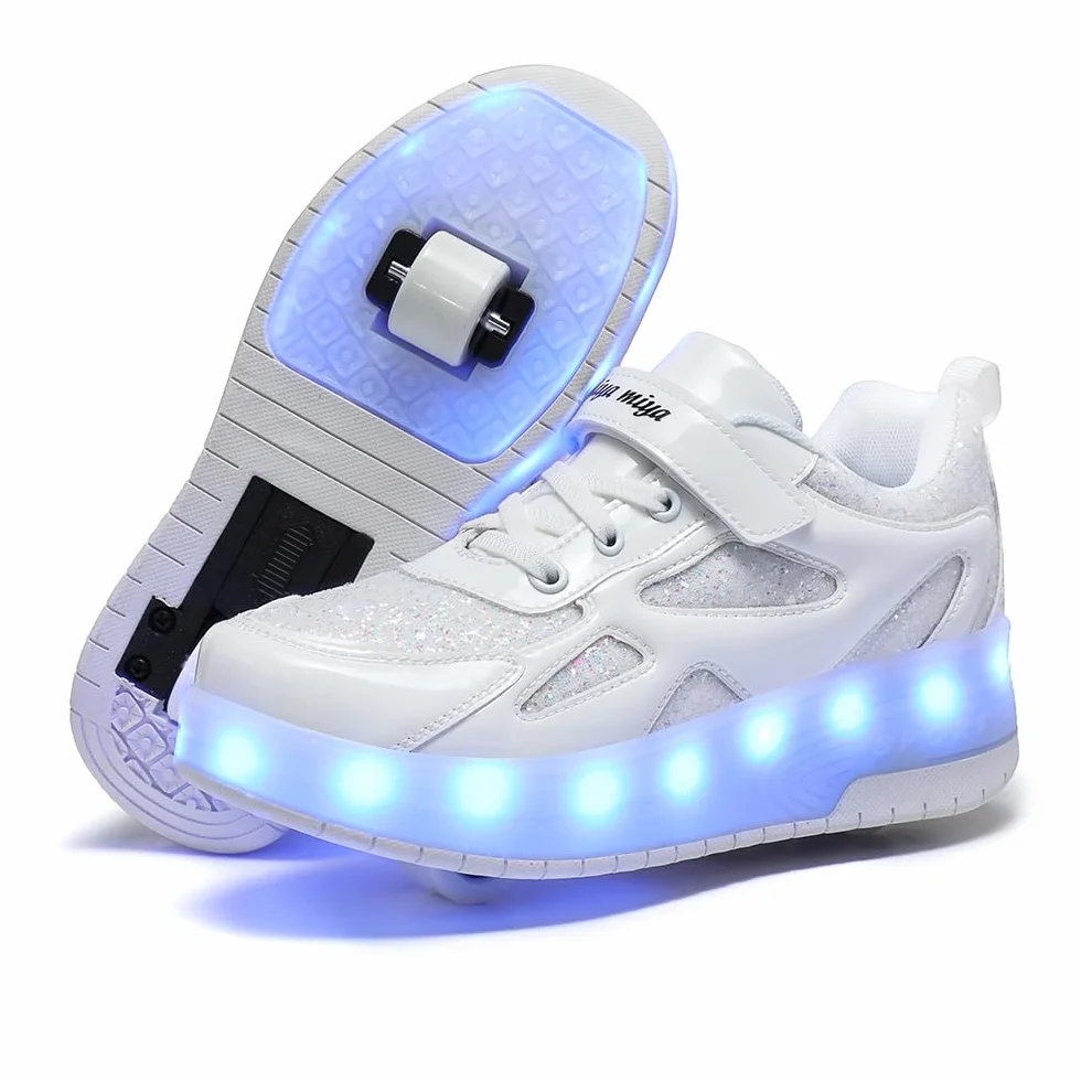 LED Chaussures à roulettes de Skateboard USB Rechargeable 7 Couleurs Clignotantes Chaussure avec Rouleau Multisports Outdoor Gymnastique Sneaker Automatiques Rétractables Enfant Baskets Mode