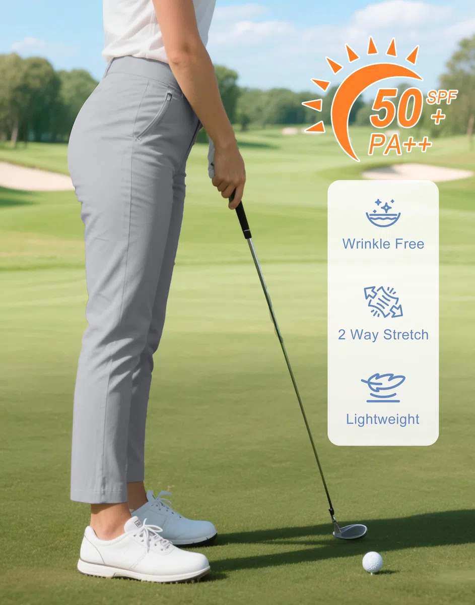 Pioneer Camp Pantalon de golf pour femme avec poches zippées Taille haute Extensible 7/8 Cheville Robe Travail Business Casual Pantalon de voyage