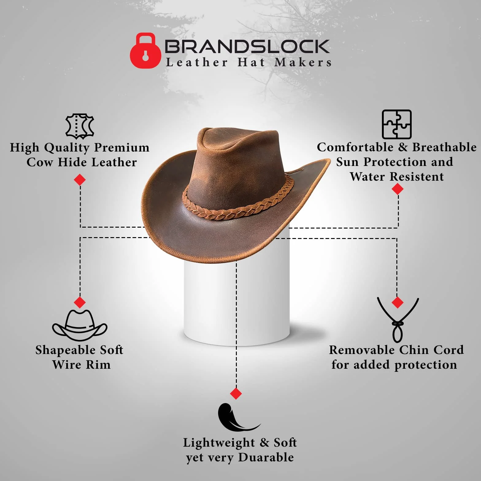BRANDSLOCK Chapeau de Cowboy en Cuir pour Homme et Femme fabriqué à la Main à Large Bord Durable Marron
