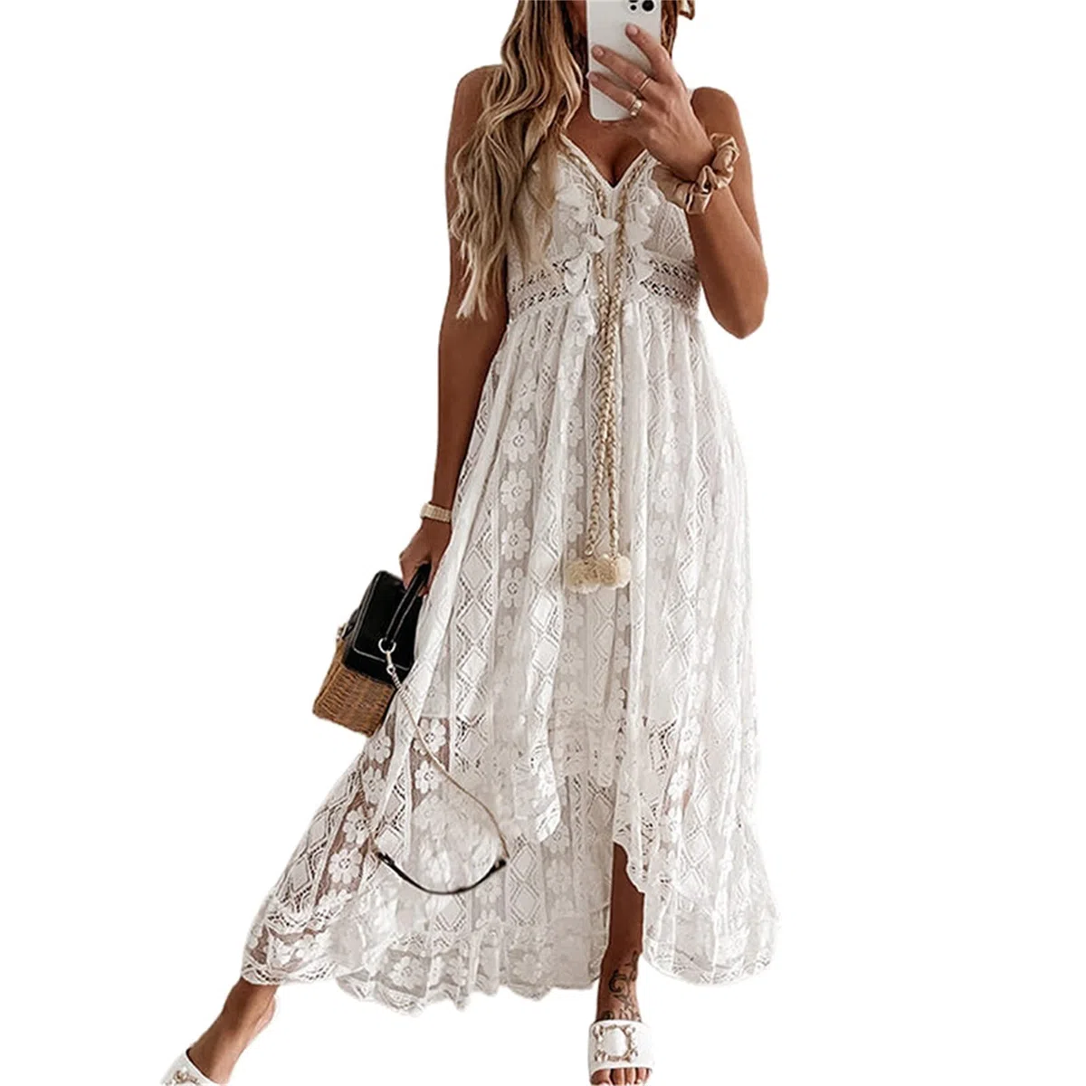 Geagodelia Cache-Maillots de Bain Bikini Longue Décolleté col en v en Bretelle Robe de Plage sans Manches Imprimée Florale Franges Transparent Maxi Ample Beachwear