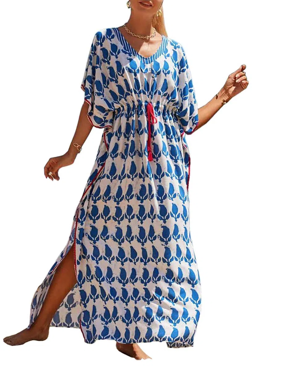 Bsubseach Broderie Robe de Plage Caftan Femmes Grande Taille Kaftan Floral Maxi Longue Tunique Bohème Boho Eté Djellaba Femme Kimono
