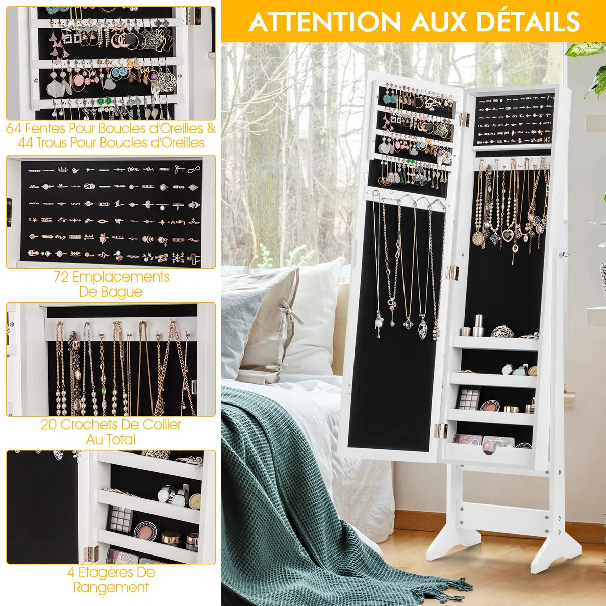 RELAX4LIFE Armoire à Bijoux sur Pieds avec Miroir Pleine Longueur HD 4 Angles Réglables, Armoire à Bijoux avec Grand Espace de Rangement pour Chambre, Vestiaire, Salle de Bain (Blanc)
