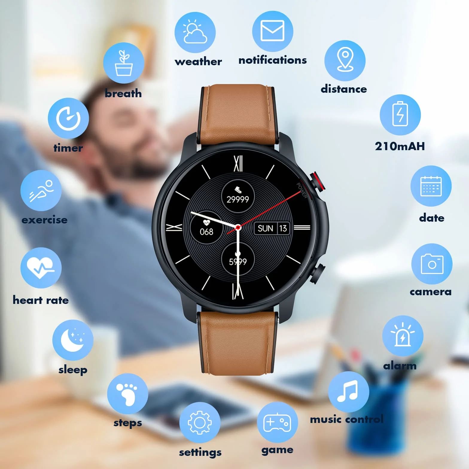Smartwatch Homme Montre Connectée Sport 1,32 Pouces IP68 Étanche Écran Tactile Bracelet Connectee Moniteur Sommeil Fréquence Cardiaque Podomètre Fitness Tracker Android iOS Ronde Cuir