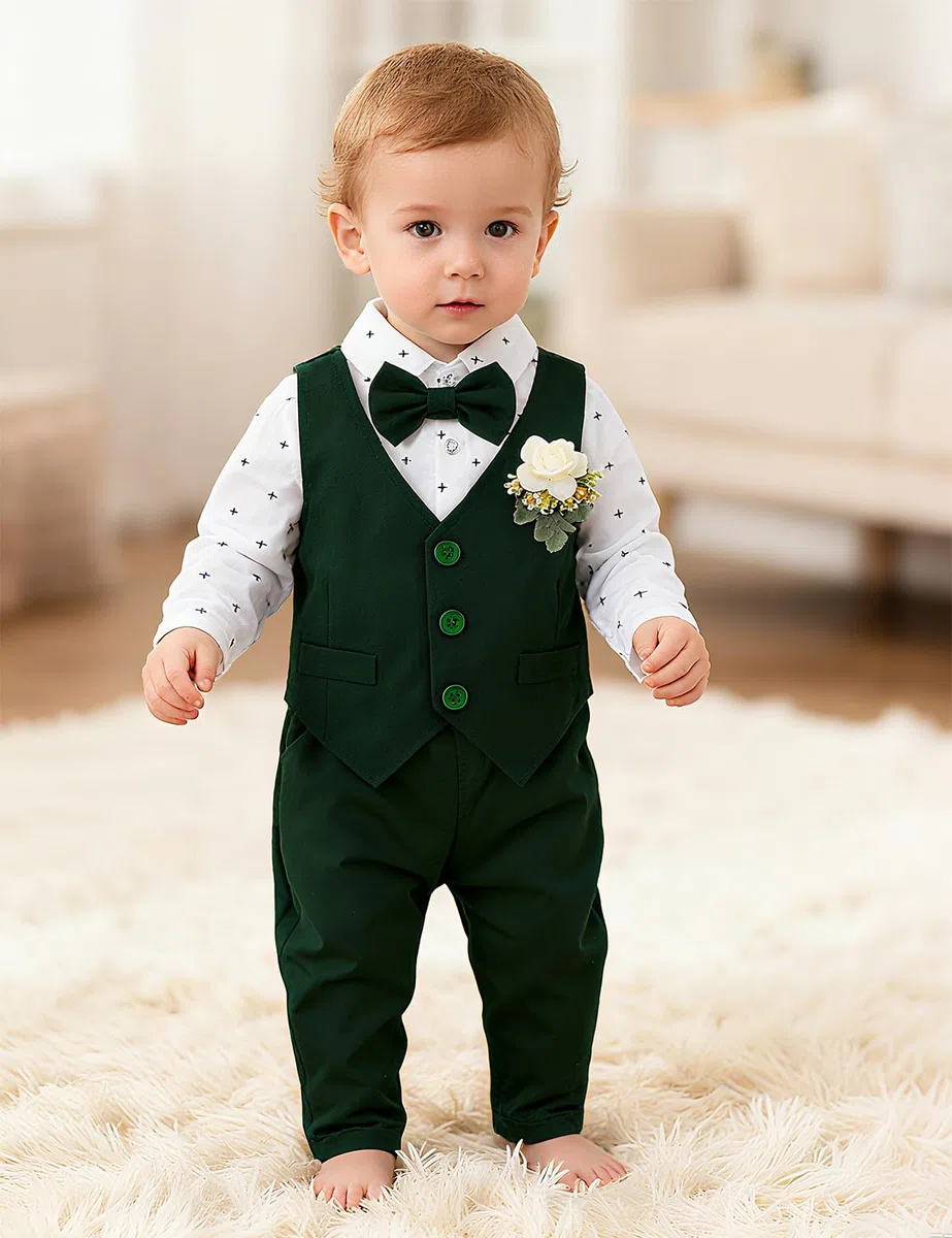 mintgreen Costume Bebe Garcon, 3pcs Ensembles Mariage Gentleman Vêtements Combinaison + Breast Flower Vest + Pantalon