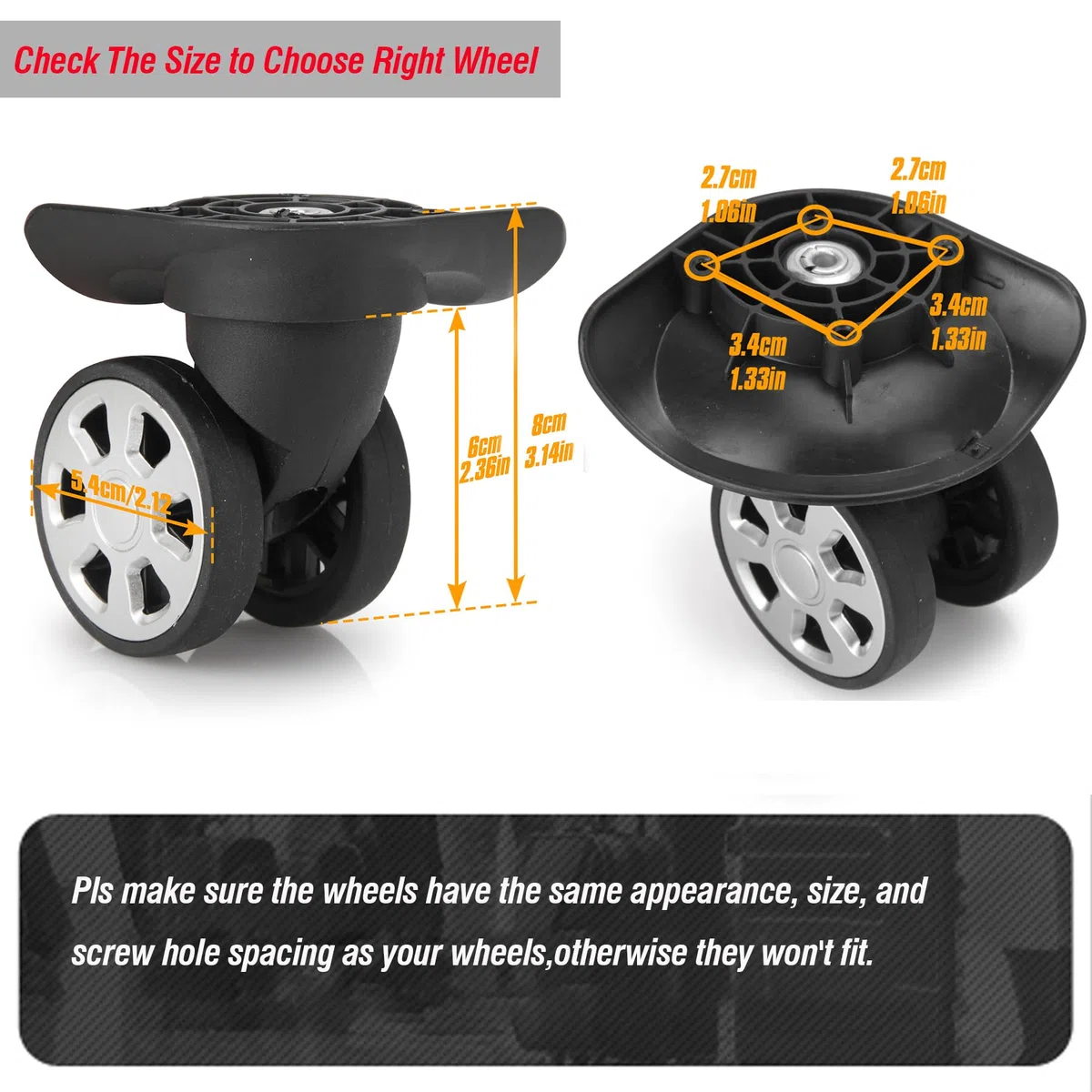 Roue de Remplacement Valise, 2 Paires de Roues de Rechange pour les Bagages Roulette Valise Remplacement avec 4 Trous de Vis