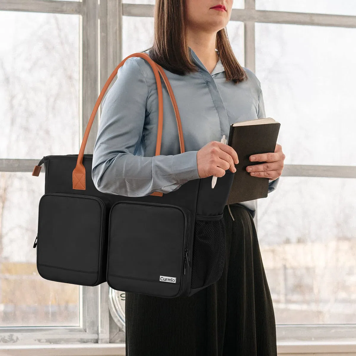 CURMIO Sac de Transport pour Femme, Sac de Travail pour Enseignant, Pochette Rembourrée pour Ordinateur Portable, Idéal pour Professeurs, Noir (Sac Vide)