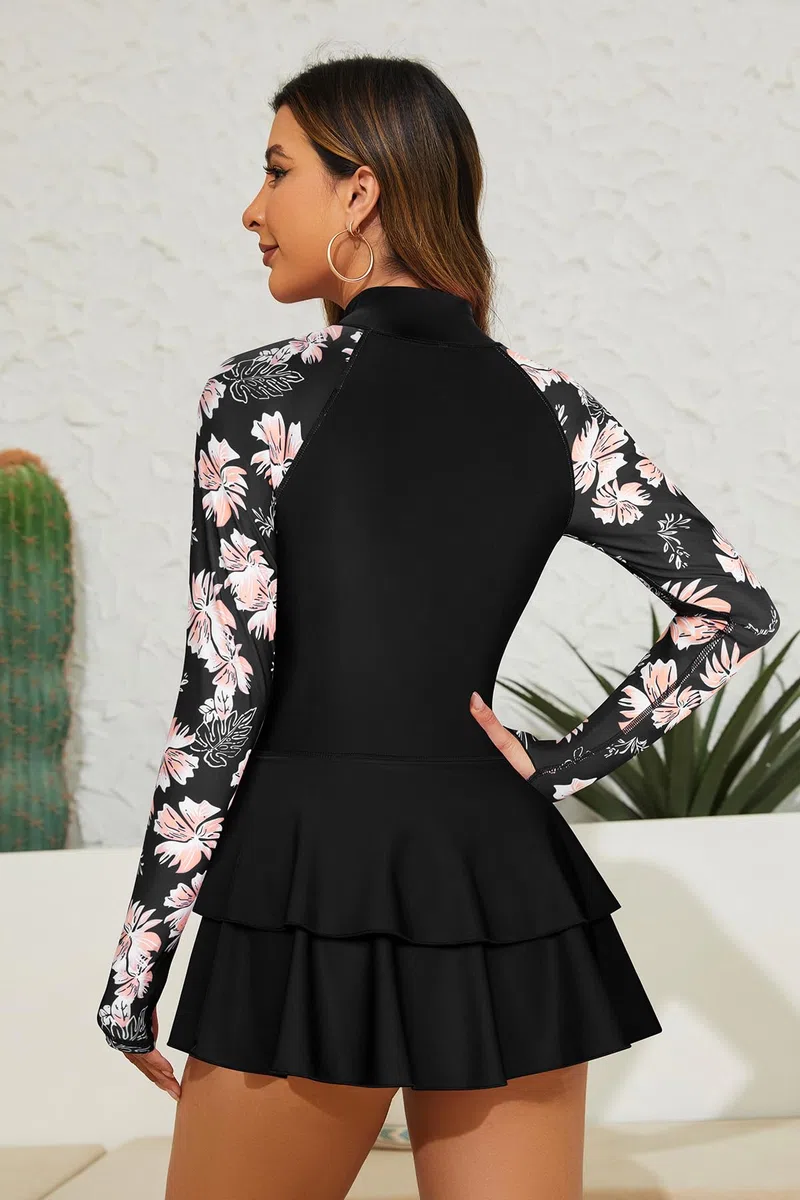 SHEKINI Rash Guard Manches Longues Femme Robe de Bain Une Pièce avec Zippers Up Maillot de Bain avec Jupette Surf Imprimé Florale Plage