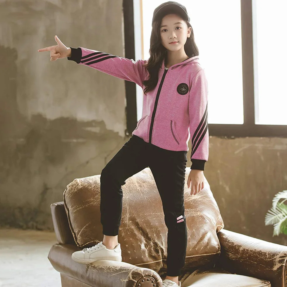 Survêtement Fille Encapuchonné Sweat à Capuche Ensemble de Sport 2/3 Pièces Veste Pantalon de Sport Sweat-Shirt Zippé Vêtement de Printemps Automne Costume Jogging Joggers
