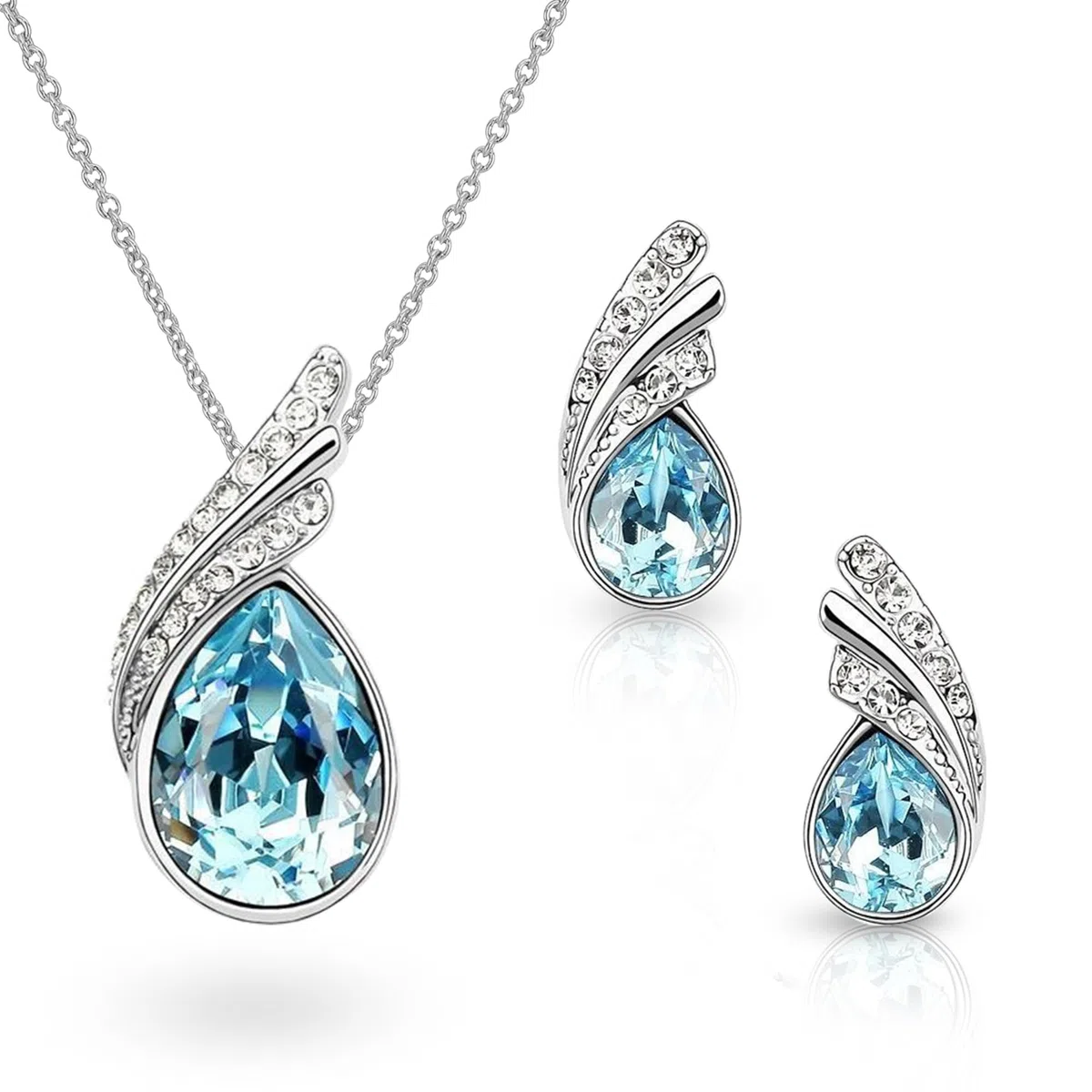 Crystalline Azuria Femme Ensemble Larmes Collier et Clous Boucles d'Oreilles 18ct Plaqué Or Blanc avec Cristaux océan Bleu