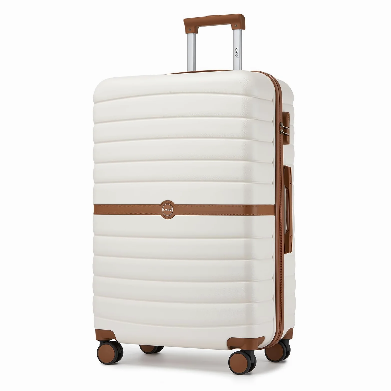 Kono Valise Rigide Valise Grande Taille Valise de Voyage ABS+PC avec 4 roulettes et Serrure 76.5x50.5x29 cm 94L Trolley de Voyage, Crème/Marron